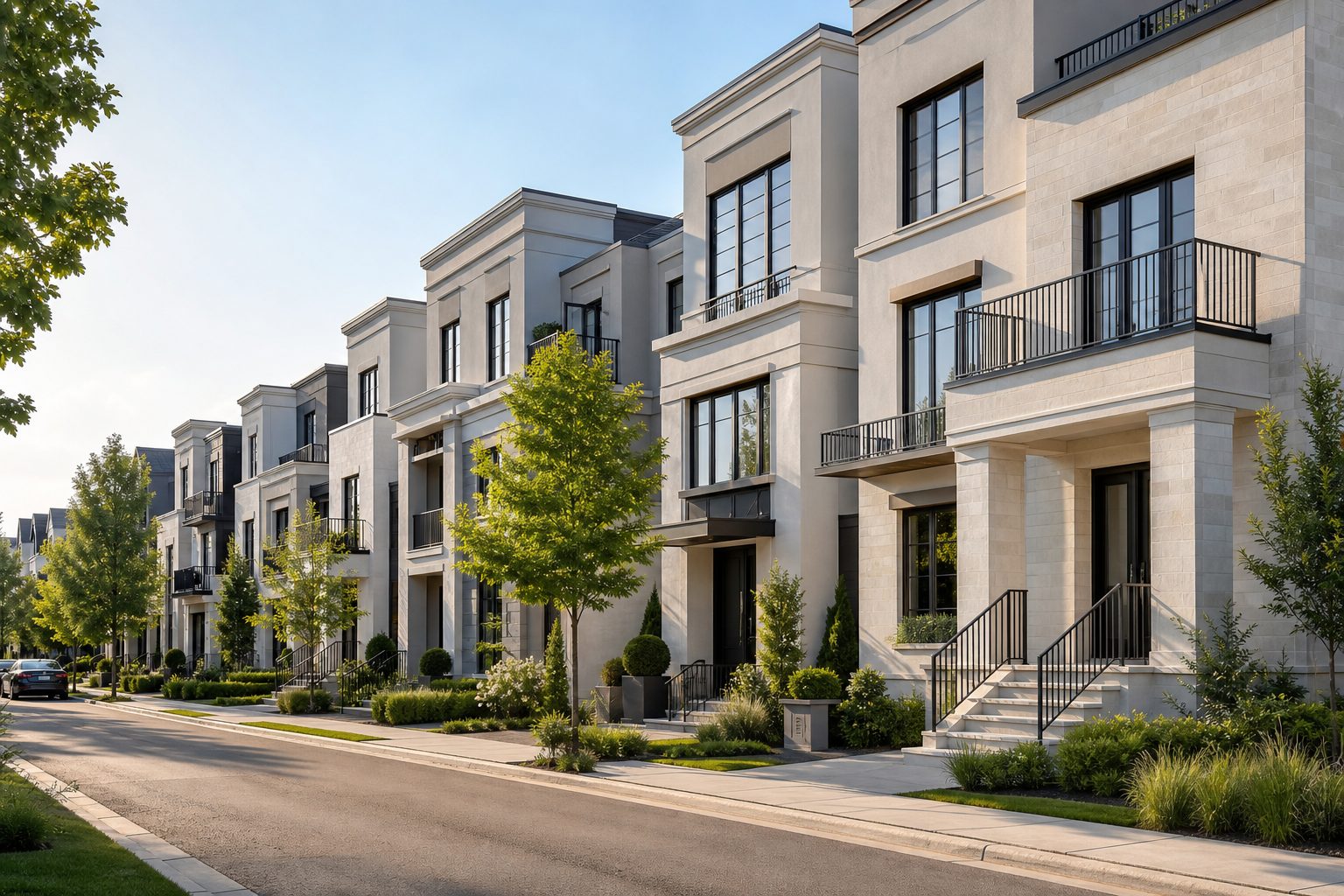 A street of newly built townhomes